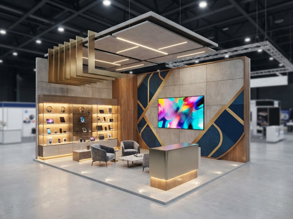Modern exhibition stall design with illuminated displays