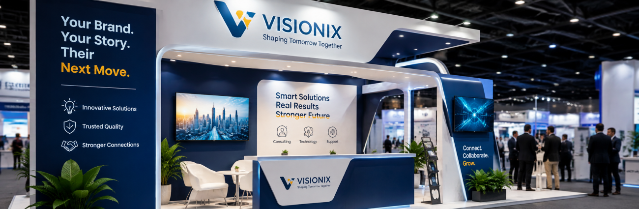 Professional exhibition stall design with branded booth and visitor engagement