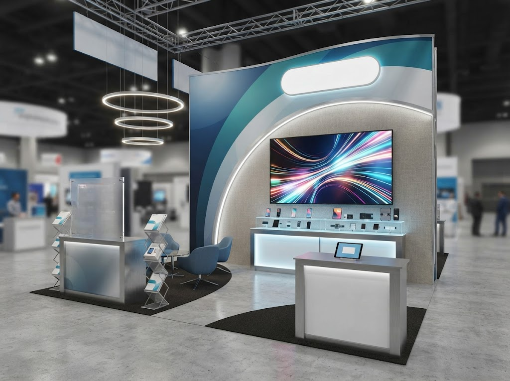 Trade exhibition stall with branded displays and marketing materials