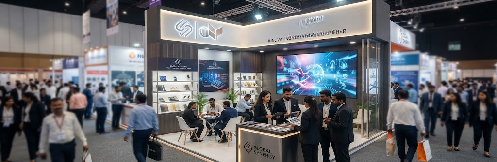 Modern trade expo booth with professional branding and digital display