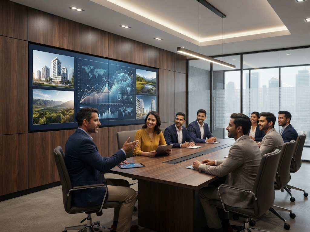 Professional LED video wall setup in a corporate conference room