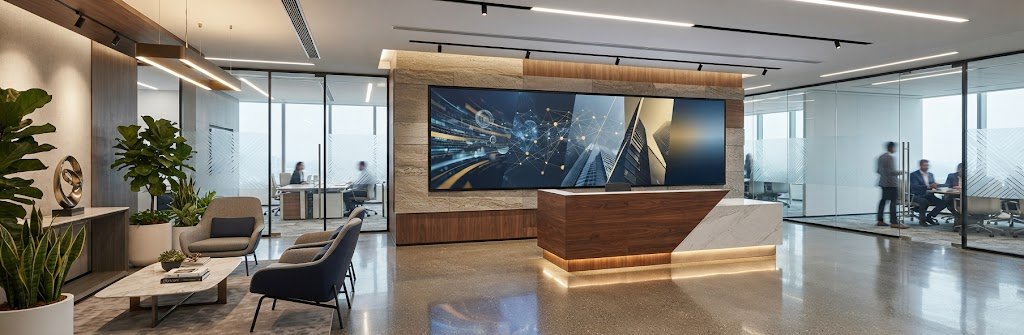 Corporate office LED video wall installation with modern reception design