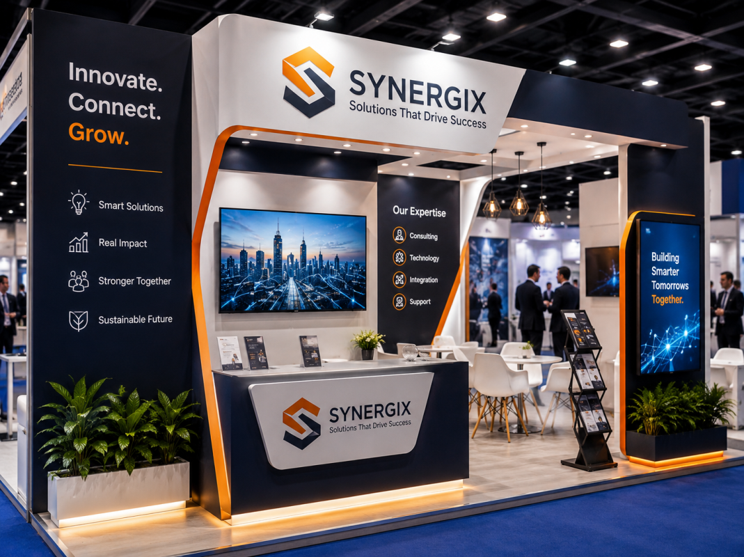 Modern trade expo booth with creative branding and digital displays